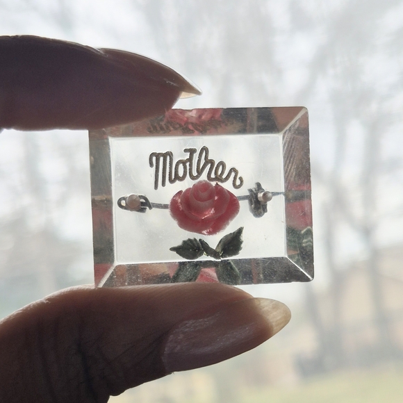 Vintage Jewelry - Vintage Lucite "Mother" Brooch With Pink Rose